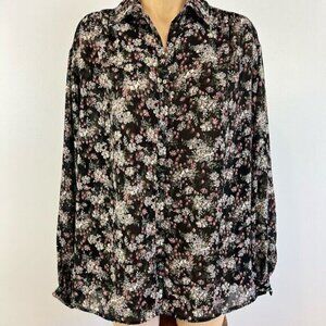 Vintage Givenchy for Fashions Couture Womens 12 Black Floral Button Down Shirt